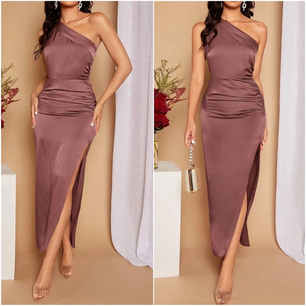 Luxe One Shoulder Satin Formal Evening party Dress - Picture 5 of 6